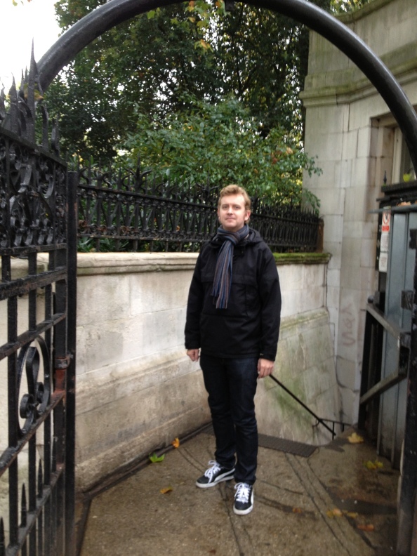 Silva comes up the stairs and through this gate in Skyfall. Whitehall place. The stairs are actually for the staff of The Farmes Club going "downstairs" so to speak. Photo taken in november 2013, by a helpful staff member of the Farmers Club, out for a smoke. 